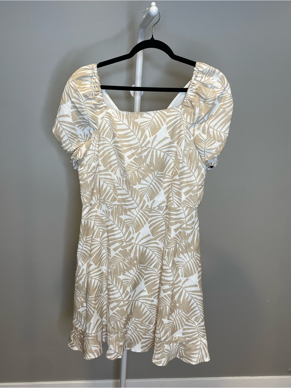 LOFT Palm-Print Puff Sleeve Tie Back Mini Dress Size 10 - 55% Linen/45% Viscose